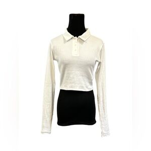 Boohoo Stone Basic Ribbed Collared Long Sleeve Crop Top White Women's Size 8 NWT